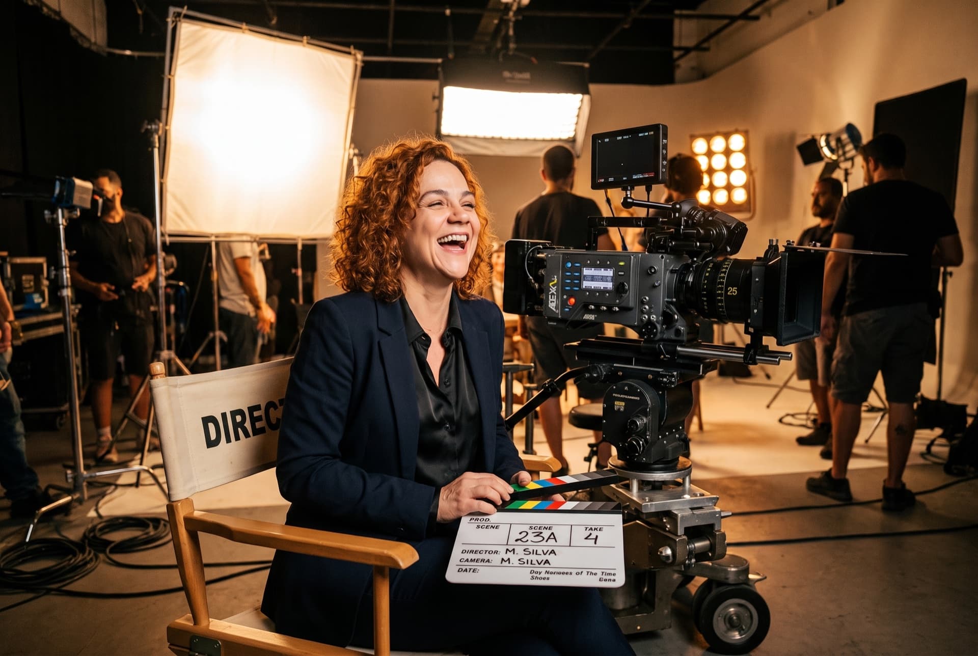 Juliana Saúde em um set de gravação, cercada por câmera, refletores e equipe de produção