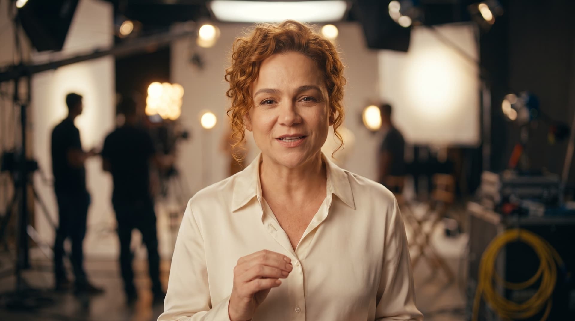 Juliana Saúde falando diretamente para a câmera durante a gravação de um comercial